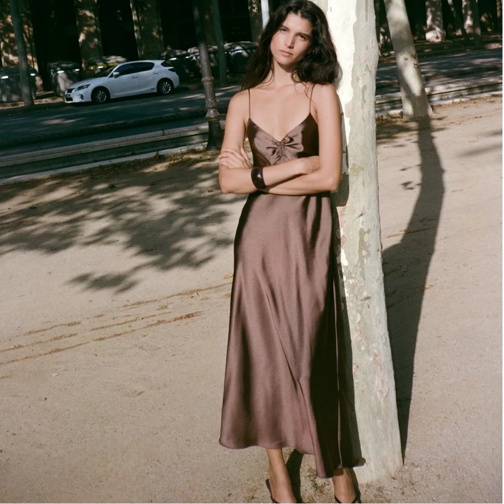 Zara NWT ruched satin effect midi dress brown 8394/331 - Picture 10 of 11